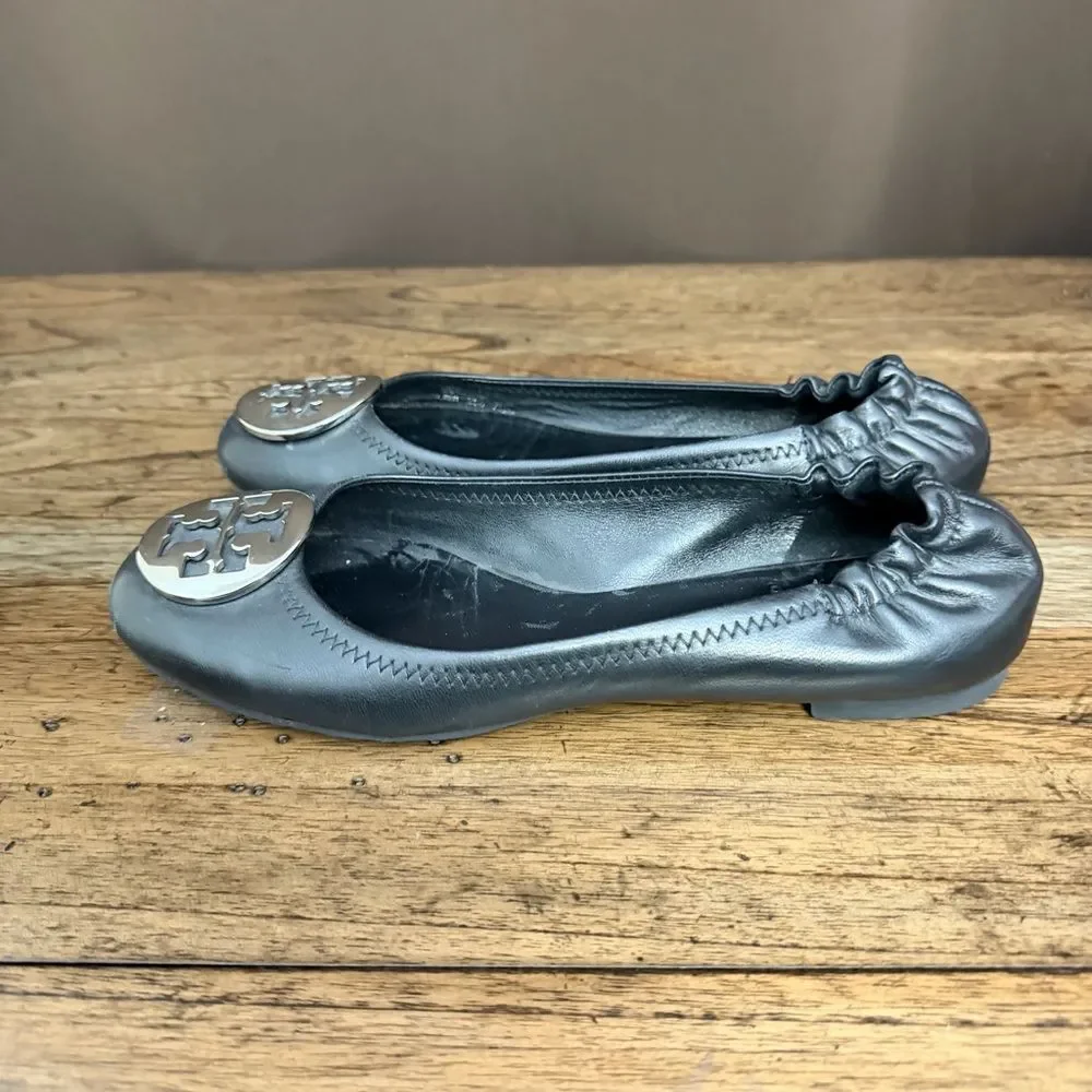 Tory Burch Black Leather Logo Reva Ballet Flats with Silver Emblem Discs